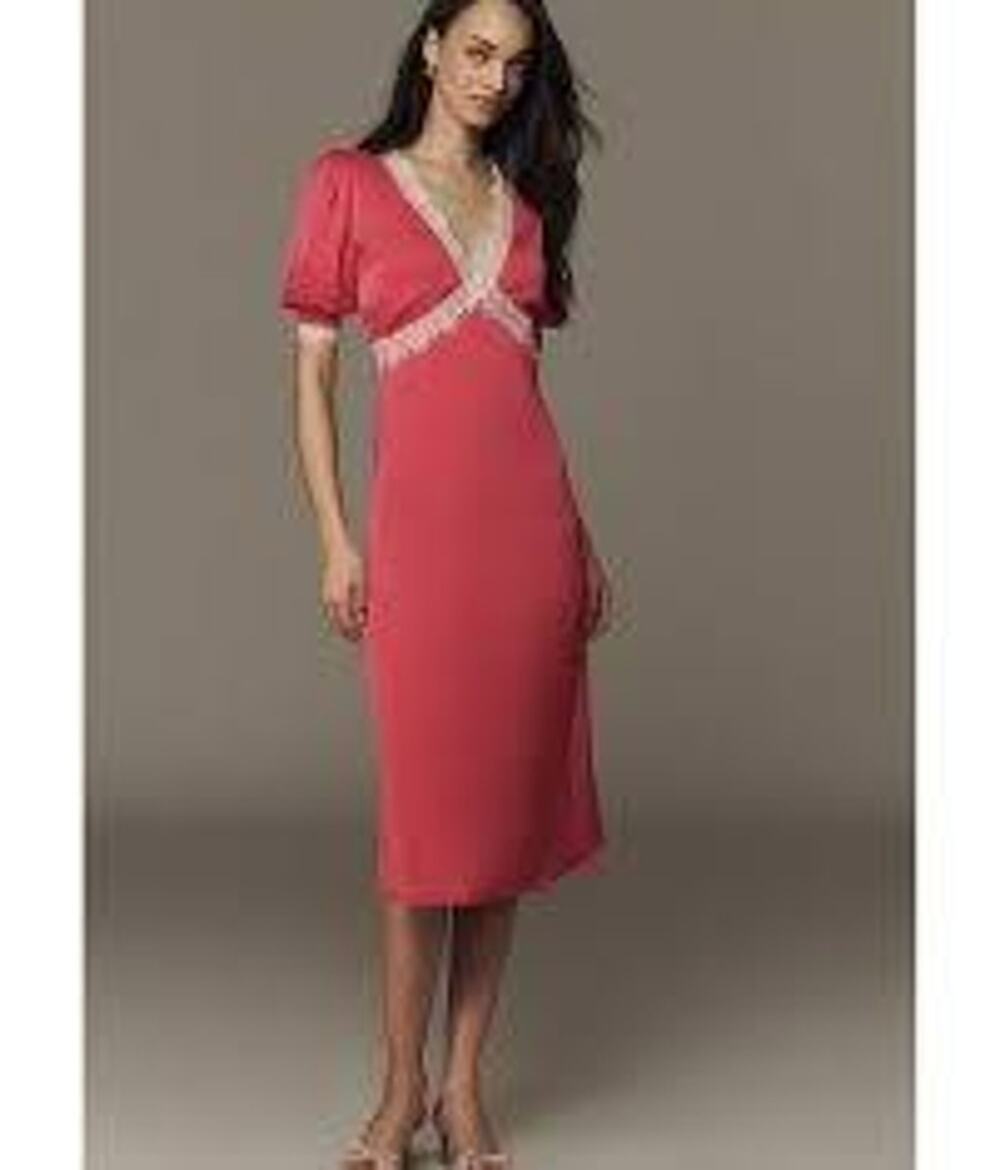 By Anthropologie V-Neck Lace Trim Midi Dress